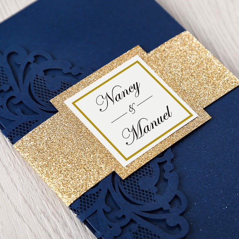 DORIS HOME 50PCS Laser Cut Wedding Invitations with Envelopes and RSVP Cards BLANK Inner With Gold Glitter Belly Band for Wedding Engagement Bridal Shower Party Invite 4.7x7 Inch Navy Blue - Image 5